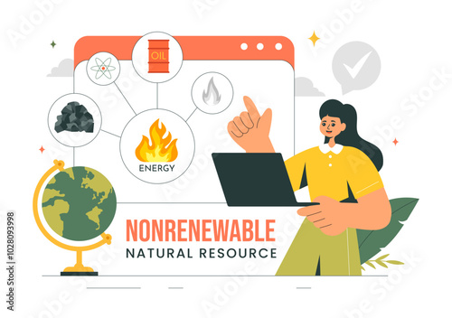 Nonrenewable Natural Energy Resources Vector Illustration Featuring Nuclear, Petroleum, Oil, Natural Gas, and Coal Fuels in a Flat Style Background
