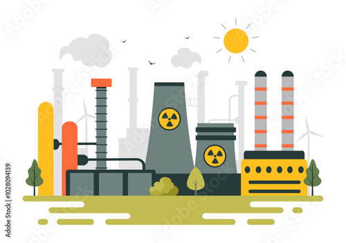 Nonrenewable Natural Energy Resources Vector Illustration Featuring Nuclear, Petroleum, Oil, Natural Gas, and Coal Fuels in a Flat Style Background