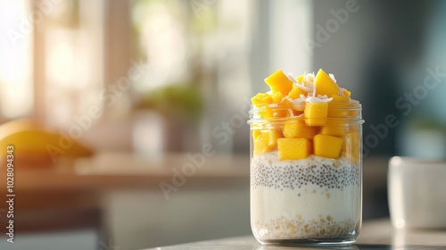 Healthy breakfast chia pudding with fresh mango in a glass jar on a sunny kitchen counter