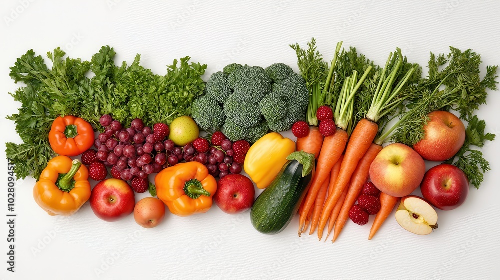 Vibrant organic produce display with fresh fruits and vegetables on white background Vibrant organic produce display with fresh fruits and vegetables on white background