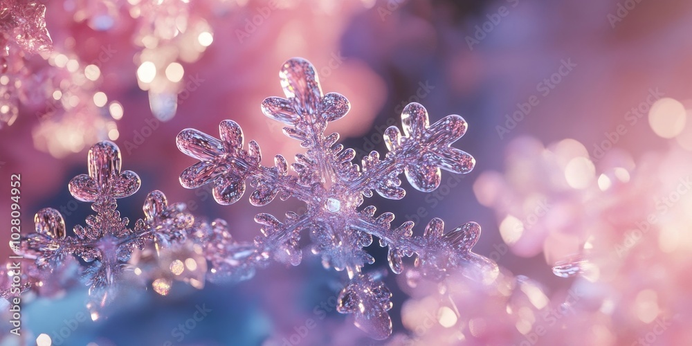 Delicate snowflake formations made of water droplets, showcasing the transition from winter to spring warmth Delicate snowflake formations made of water droplets, showcasing the transition from winter to spring warmth