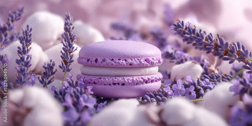 Fototapeta premium Lavender macaron alongside delicate lavender flowers and soft cotton, perfect for culinary presentations and floral arrangements