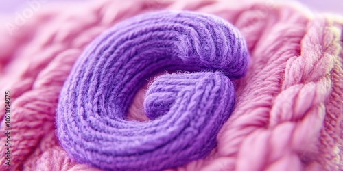 Close-up of the letter G in purple on a blurry knitted texture of woolen threads, perfect for educational materials and holiday designs.