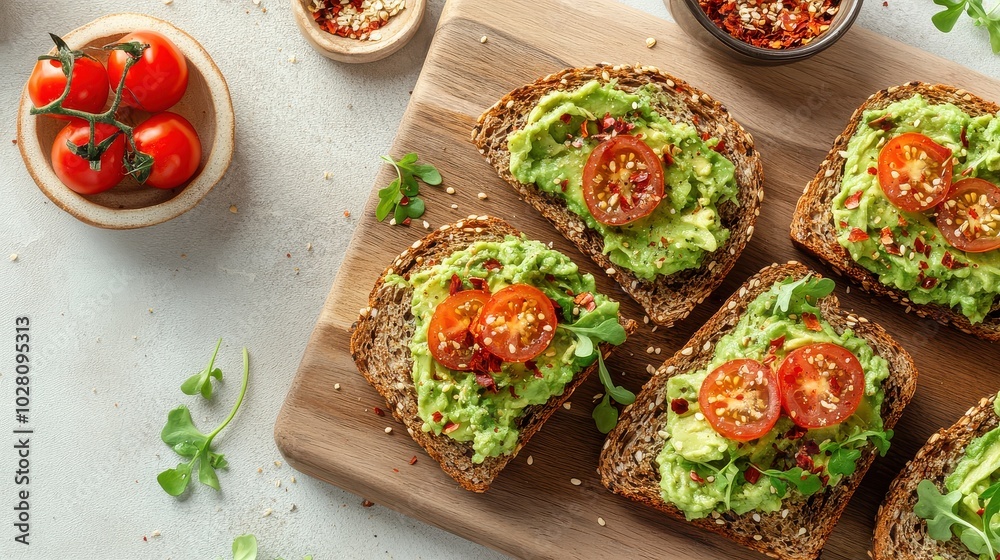 Healthy avocado toast with cherry tomatoes on whole grain bread Healthy avocado toast with cherry tomatoes on whole grain bread