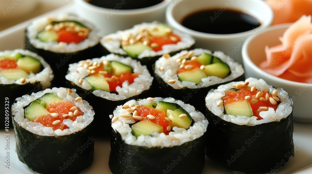 Fresh vegetable sushi rolls with soy sauce and pickled ginger - a vibrant and delicious culinary delight Fresh vegetable sushi rolls with soy sauce and pickled ginger - a vibrant and delicious culinary delight