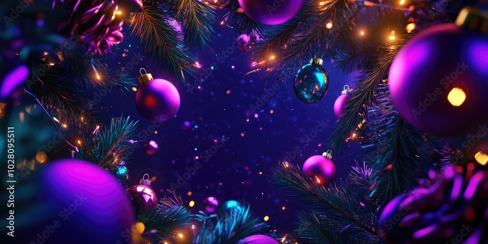 Festive top view of a decorated Christmas background featuring colorful ornaments and pine branches, ideal for holiday greetings and seasonal designs Festive top view of a decorated Christmas background featuring colorful ornaments and pine branches, ideal for holiday greetings and seasonal designs
