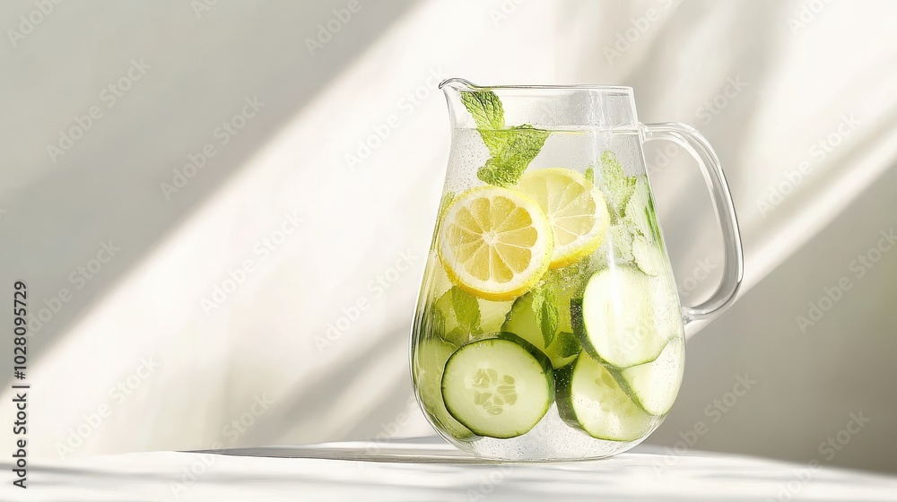 Refreshing cucumber lemon mint infused water in a glass pitcher with sunlit background Refreshing cucumber lemon mint infused water in a glass pitcher with sunlit background