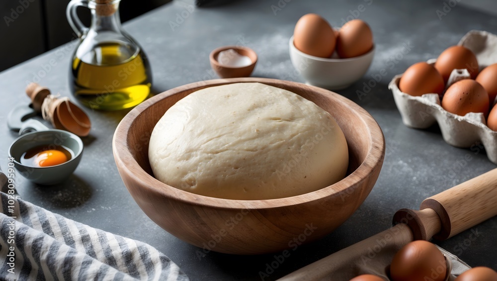 Fototapeta premium Raw dough, rolling pin and ingredients on grey table. Ai Generative.