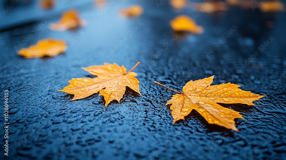 Obraz premium Close-up of wet fallen autumn leaves on a dark surface.