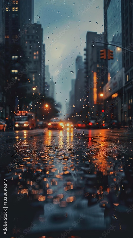 Rainy Night Cityscape with Reflections Rainy Night Cityscape with Reflections