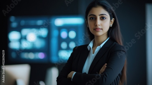 Indian businesswoman in digital transformation, depicting a professional leading teams through technological innovations like cloud computing, AI, and digital solutions, 