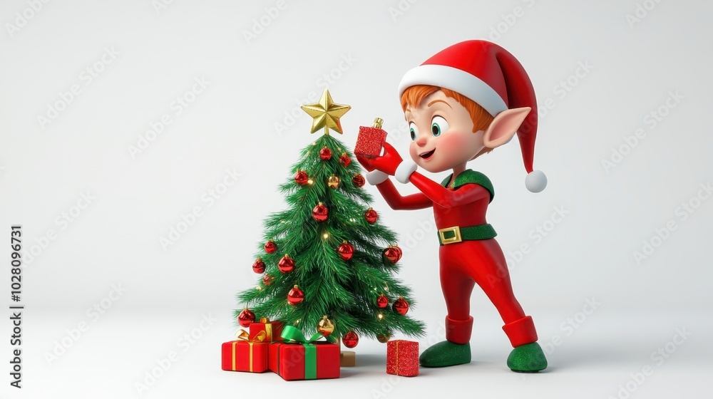Christmas Elf Decorating a Christmas Tree. Christmas Elf Decorating a Christmas Tree.