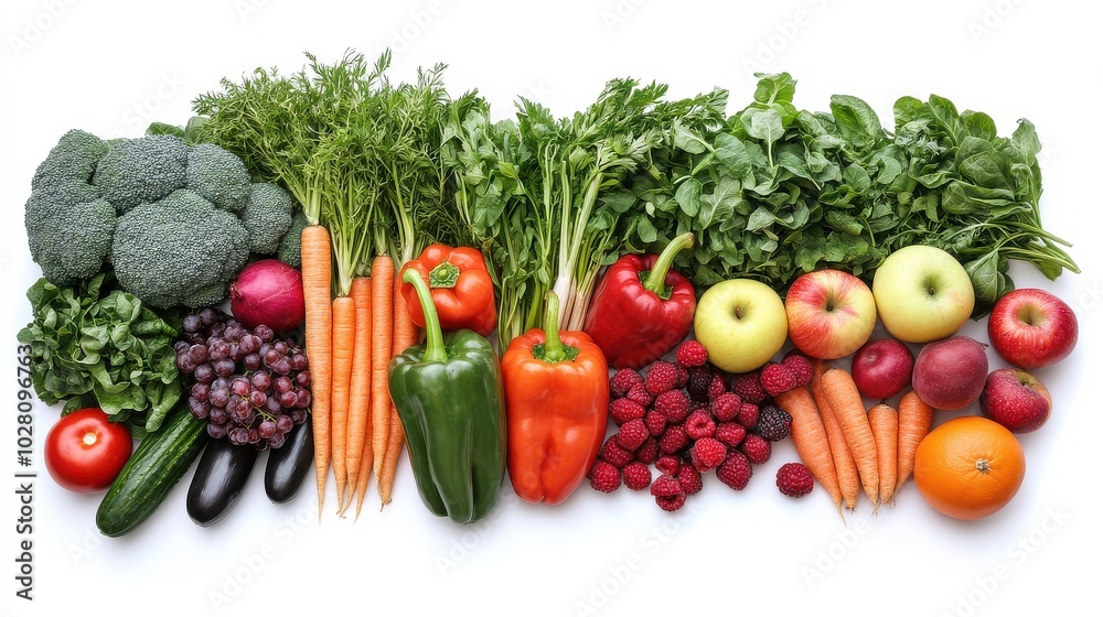 Vibrant array of fresh fruits and vegetables on white background for healthy living Vibrant array of fresh fruits and vegetables on white background for healthy living