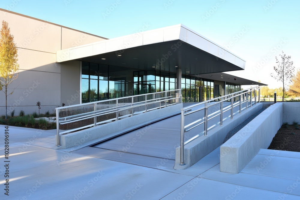 Fototapeta premium Modern Building Entrance with Concrete Ramp and Handrail.