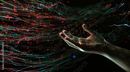 Abstract Hand Reaching with Colorful Data Streams photo