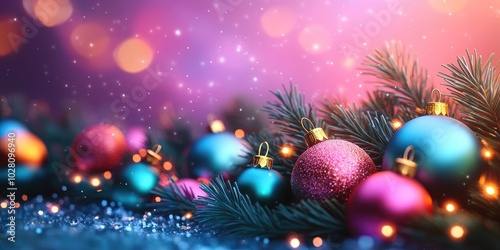 Festive Christmas and New Year holidays background with colorful ornaments and pine branches, perfect for seasonal greetings.