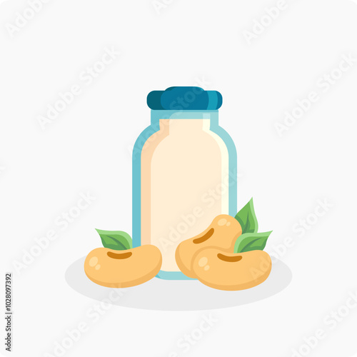 Vector illustration of a bottle of soy milk with soybeans beside it and leaves, isolated on a white background. Icon of a bottle of soy milk. Glycine max.