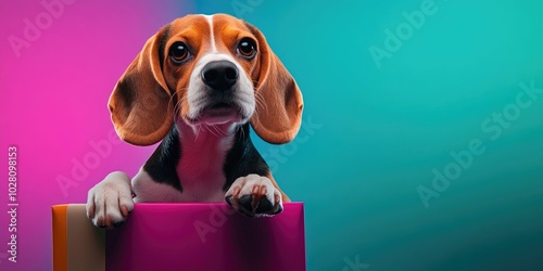 Adorable beagle puppy resting on a colorful gift box, perfect for pet lovers and holiday themes photo