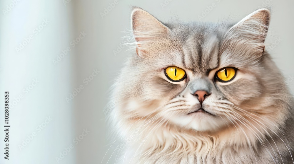 Fluffy gray cat with striking yellow eyes, isolated backdrop. Fluffy gray cat with striking yellow eyes, isolated backdrop.