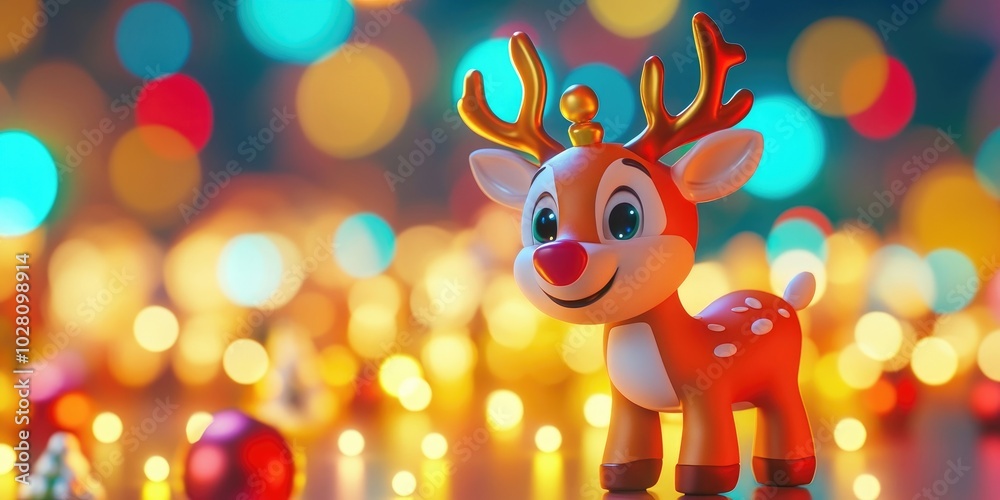 Fototapeta premium Adorable reindeer Christmas decoration set against a vibrant background, perfect for festive holiday celebrations