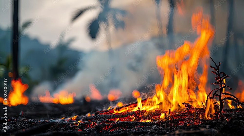 Flames burning in a forest, surrounded by trees and smoke, showcasing wildfire impact. Flames burning in a forest, surrounded by trees and smoke, showcasing wildfire impact.