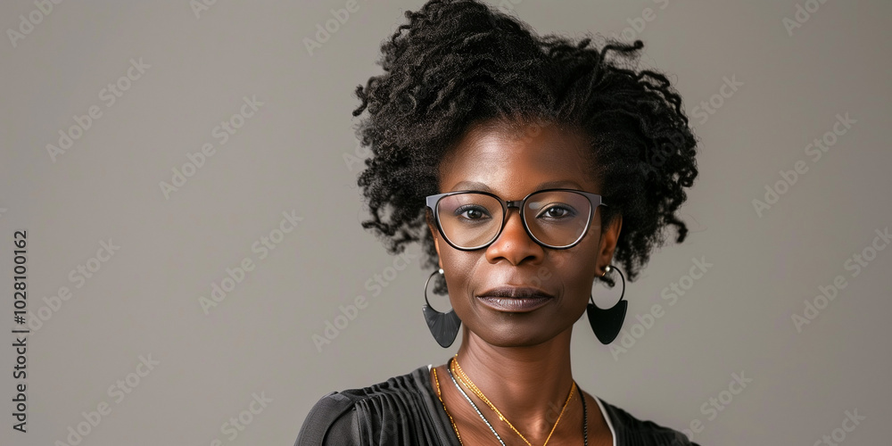 Confident Woman with Natural Hair and Glasses Posing Against a Neutral Background