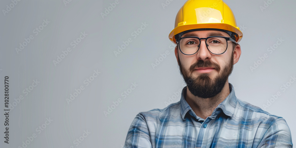Confident Construction Worker Wearing Safety Gear and Glasses in Studio Portrait Confident Construction Worker Wearing Safety Gear and Glasses in Studio Portrait
