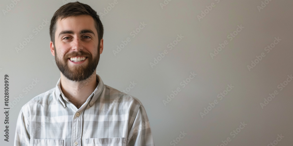 Smiling Young Man in Casual Attire Against a Neutral Background Smiling Young Man in Casual Attire Against a Neutral Background