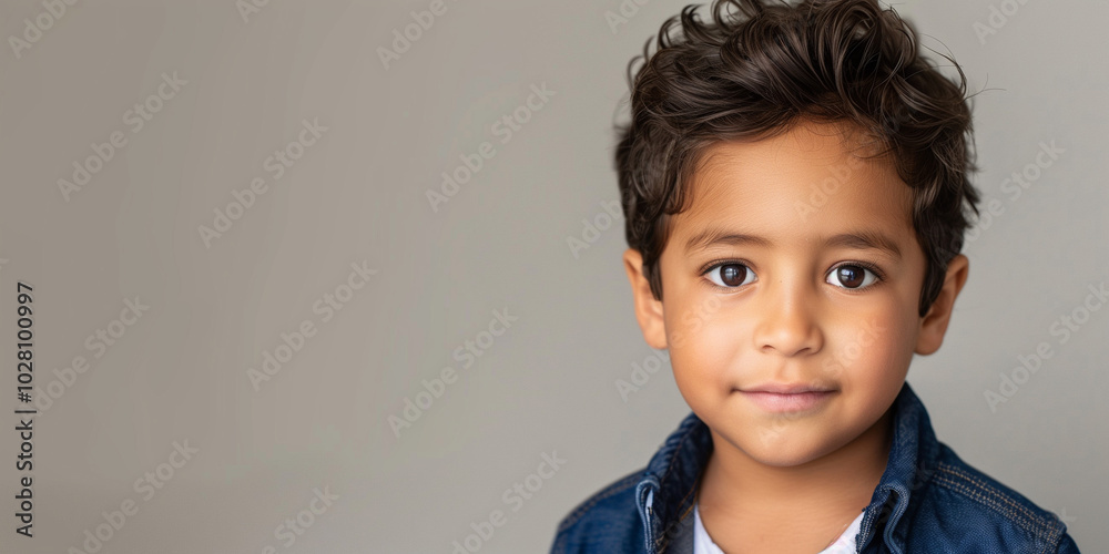 Charming Portrait of a Young Boy with Curly Hair in a Denim Jacket