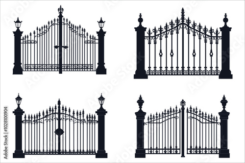 Black silhouettes of fence gate vector illustration. Collection of fence gate silhouettes. Stylized fence gate silhouette vector. Decorative iron gate vector silhouette. Elegant iron gate silhouettes 