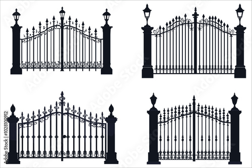 Black silhouettes of fence gate vector illustration. Collection of fence gate silhouettes. Stylized fence gate silhouette vector. Decorative iron gate vector silhouette. Elegant iron gate silhouettes 