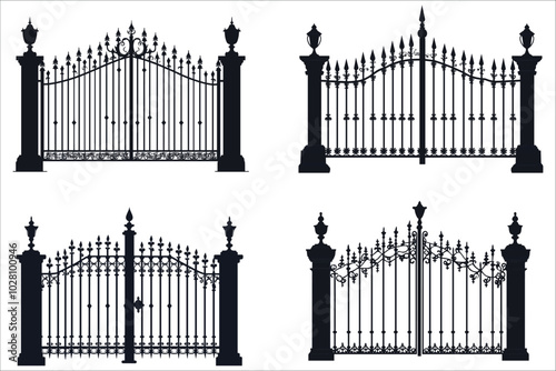 Black silhouettes of fence gate vector illustration. Collection of fence gate silhouettes. Stylized fence gate silhouette vector. Decorative iron gate vector silhouette. Elegant iron gate silhouettes 