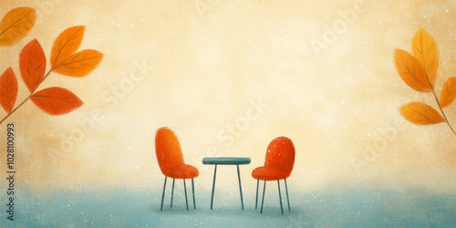 Deux chaises rouges et une table minimaliste, mur texture et feuilles d'automne dans les bords. Espace texte 