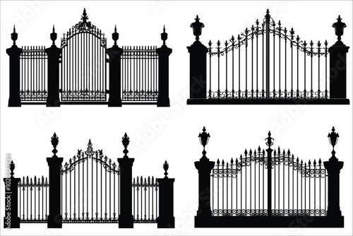 Black silhouettes of fence gate vector illustration. Collection of fence gate silhouettes. Stylized fence gate silhouette vector. Decorative iron gate vector silhouette. Elegant iron gate silhouettes 