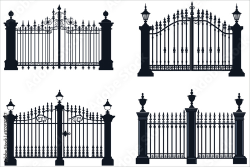 Black silhouettes of fence gate vector illustration. Collection of fence gate silhouettes. Stylized fence gate silhouette vector. Decorative iron gate vector silhouette. Elegant iron gate silhouettes 