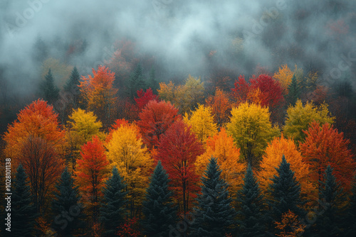 A forest with many trees in various colors of red, yellow, and green