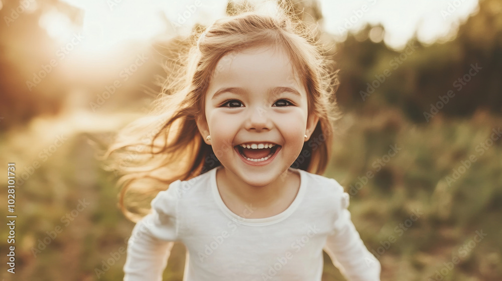 A young girl is smiling and running through a field A young girl is smiling and running through a field