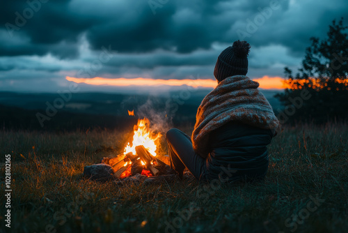 A woman is sitting on a rock near a fire photo