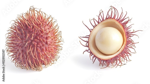 A rambutan with its distinctive hairy shell, both whole and partially opened to reveal the juicy white fruit inside. The vibrant, textured shell contrasts beautifully with the smooth,