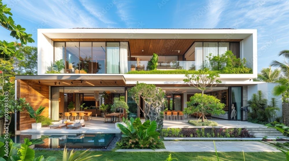 Elegant modern villa in Bali featuring a lush garden, swimming pool, and open-air dining space with glass walls. Elegant modern villa in Bali featuring a lush garden, swimming pool, and open-air dining space with glass walls.