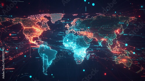 A Digital World Map with Illuminated Continents and Interconnected Lines