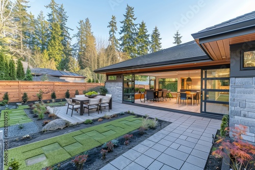 Charming suburban backyard with patio and outdoor dining area, featuring stone pavers and wooden fence in a picturesque Washington neighborhood. photo