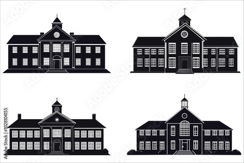 Set of school building silhouettes vector illustrations. Black silhouettes of school building. Set of educational building silhouettes vector. Collection of school building silhouettes