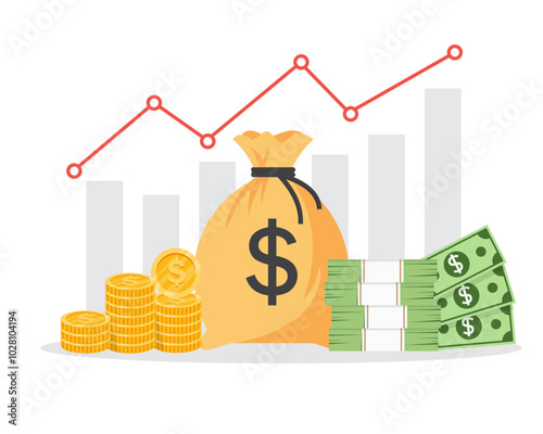save money coin and money bag, graph investment background. business growth finance income and profit. vector illustration flat design.