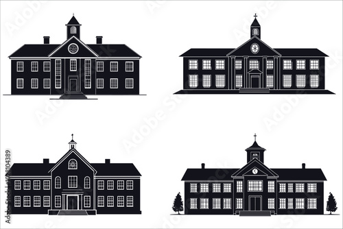 Set of school building silhouettes vector illustrations. Black silhouettes of school building. Set of educational building silhouettes vector. Collection of school building silhouettes