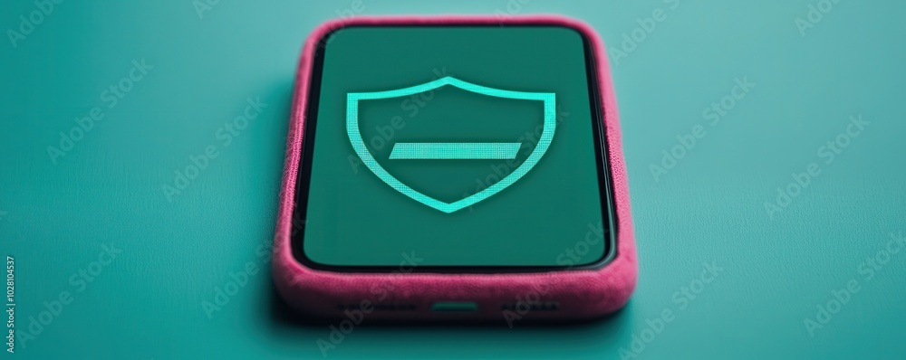 Shield icon on smartphone screen, isolated on teal background. Shield icon on smartphone screen, isolated on teal background.
