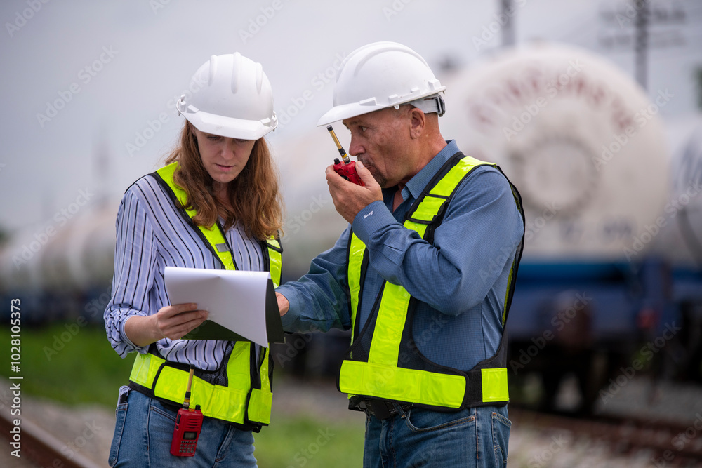 Engineer railway engaged in discussion or inspection maintenance work greenery and gas or oil power industrial or transportation setting in the rail train import export logistics industry concept. Engineer railway engaged in discussion or inspection maintenance work greenery and gas or oil power industrial or transportation setting in the rail train import export logistics industry concept.