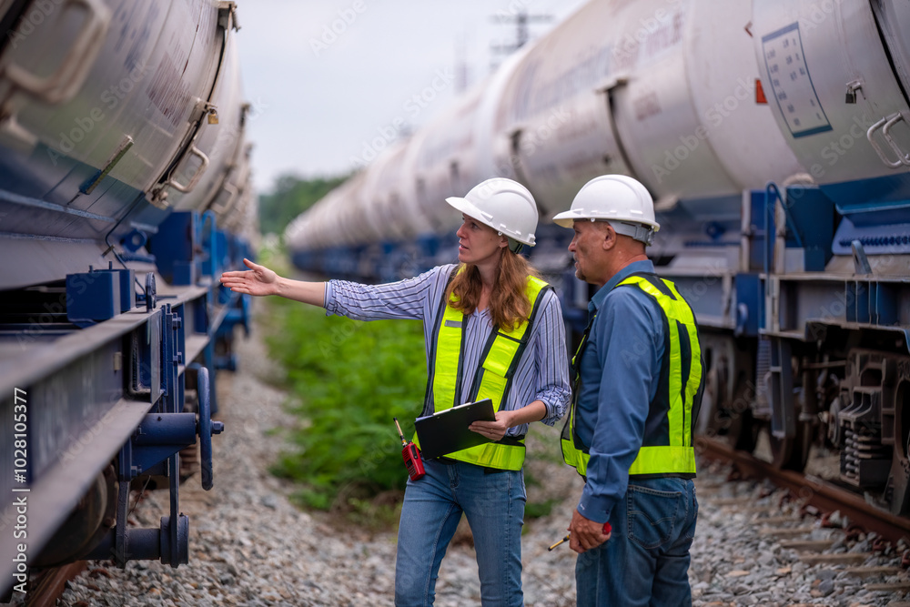 Engineer railway engaged in discussion or inspection maintenance work greenery and gas or oil power industrial or transportation setting in the rail train import export logistics industry concept. Engineer railway engaged in discussion or inspection maintenance work greenery and gas or oil power industrial or transportation setting in the rail train import export logistics industry concept.