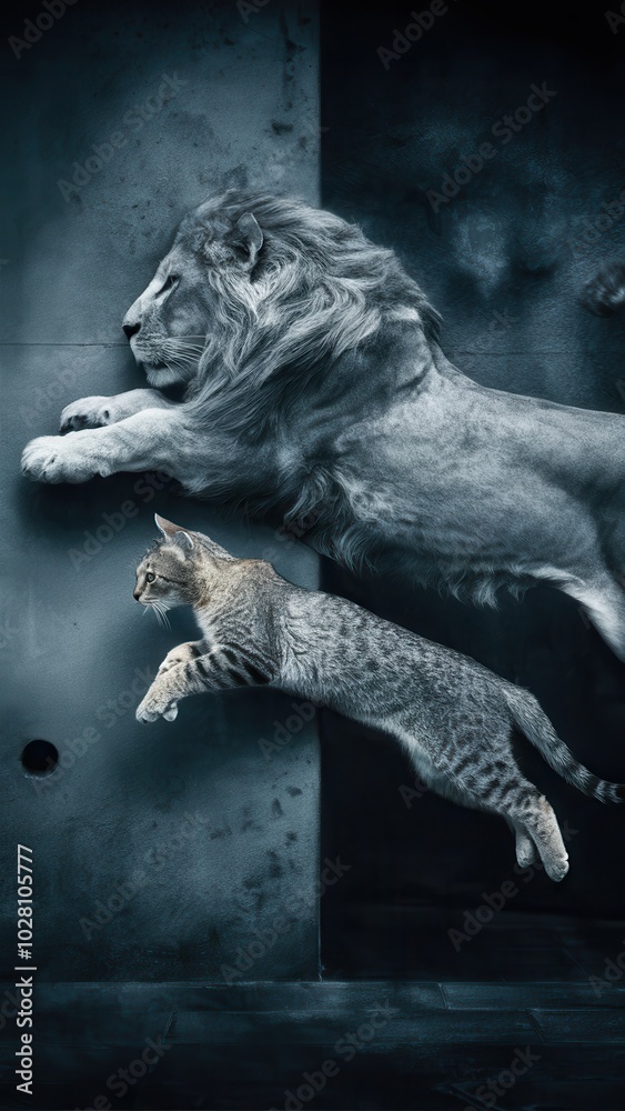 Conceptual Image of Two Lions and a Cat in Dynamic Poses Against Gray Background Conceptual Image of Two Lions and a Cat in Dynamic Poses Against Gray Background