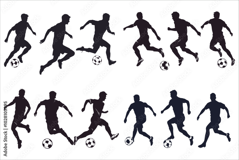 Set of young boy football player silhouettes vector. Male soccer player silhouettes vector. Black silhouettes of young male soccer player. Soccer football player silhouettes vector illustration Set of young boy football player silhouettes vector. Male soccer player silhouettes vector. Black silhouettes of young male soccer player. Soccer football player silhouettes vector illustration